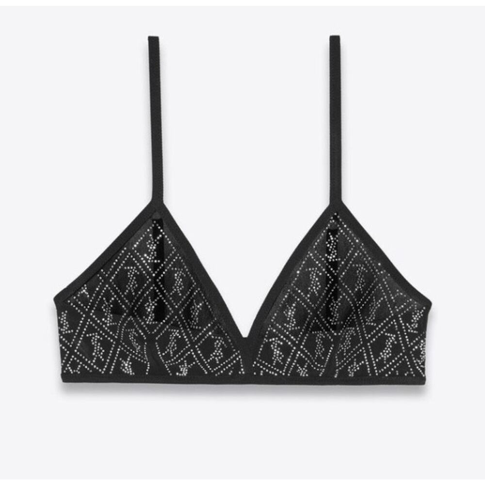 NWT Saint Laurent Cassandre Rhinestone Bralette Black XS NWT Crystal Logo - Picture 2 of 15
